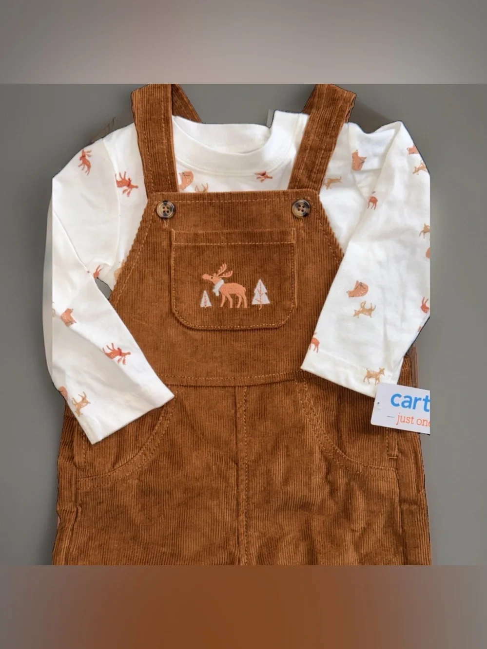 Carter's Just One You 2pc Moose Long Sleeve Tee & Corduroy Overalls 12M NWT